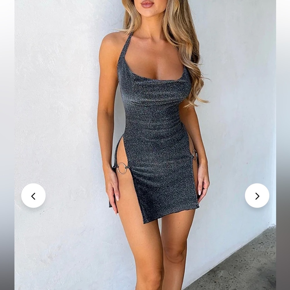 Halter Square Neck High Slit O-Ring Bodycon Party Mini Dresses-Gray